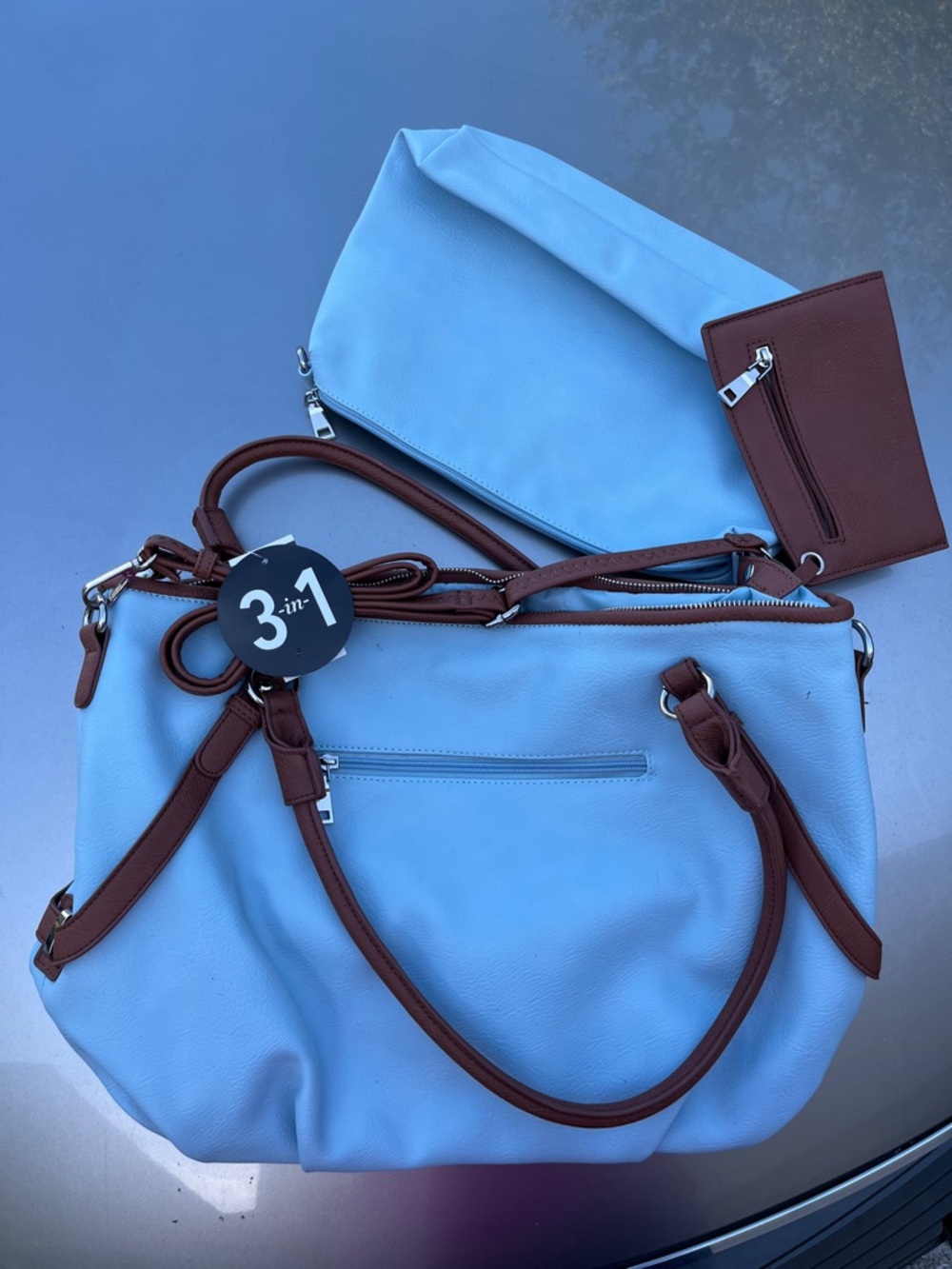 Black Rivet Light Blue and Brown Convertible 3-in-1 Tote Set